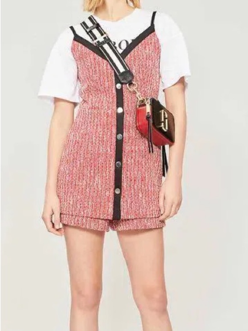 Maje Red and White Tweed Button-Front Dress with Black Trim